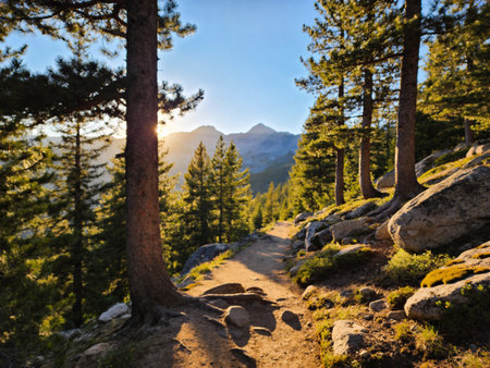 Trail through the forest in the mountains at sunset. Summer landscape.