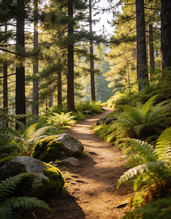 Hiking trail in the forest with ferns and ferns