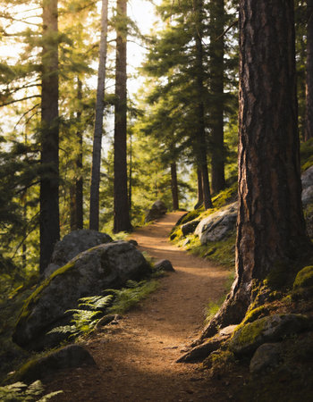 Hiking trail in the forest in the rays of the setting sun