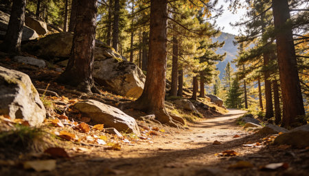 Autumn in the mountains. A path in the forest among the trees.