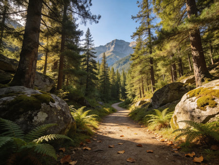Trail in the forest in the Dolomites, Italy.