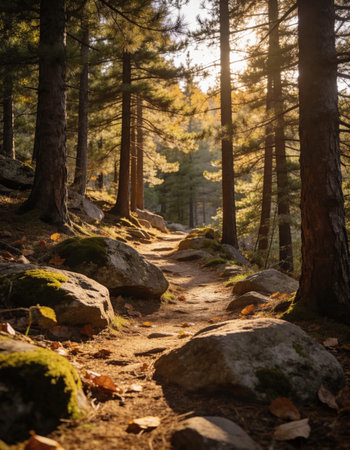 Trail in the pine forest at sunset. Beautiful autumn landscape.