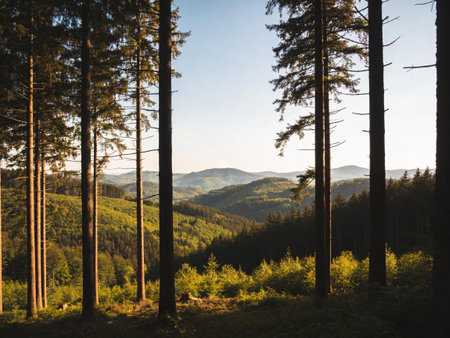 Pine trees in the mountains at sunset. Beautiful summer landscape.