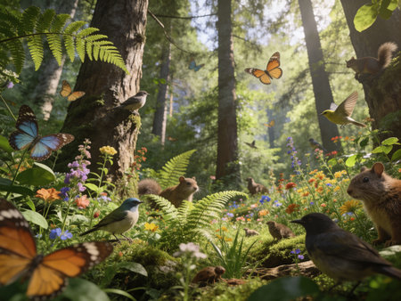 wildflowers in the forest with birds and butterflies, nature series