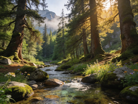 Mountain river in the forest at sunset. Beautiful summer landscape.