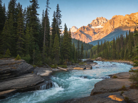 Mountain river in the Rocky Mountains of Canada. The concept of active and photo tourism
