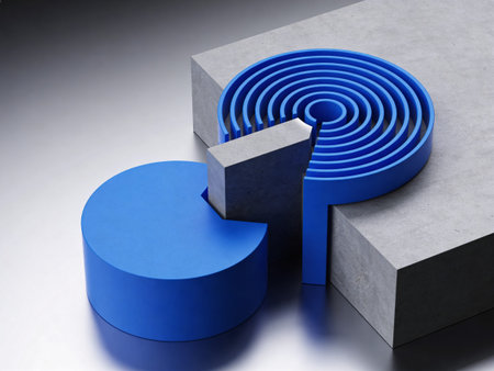 Blue abstract circle and arrow on grey background. 3D illustration.