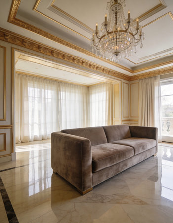 Luxury interior of the living room with a sofa and a chandelier