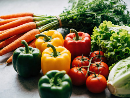 Fresh vegetables on a gray background. Healthy food. Vegetarianism.