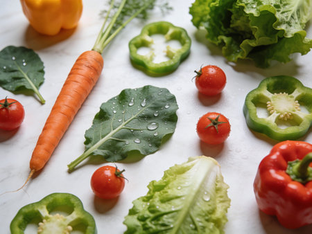 Fresh vegetables on white marble background. Healthy food concept. Top view.