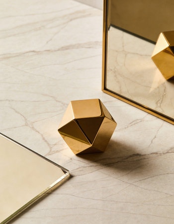 golden geometric shapes on a marble background. 3d rendering.