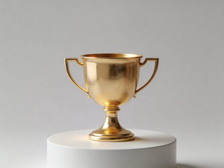 Gold trophy cup on white pedestal, isolated on grey background.