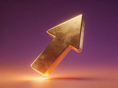 Gold 3d Arrow symbol. Glossy golden metal sign on purple background.