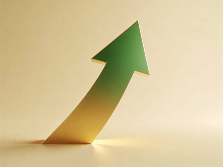 3d render of a green arrow pointing up on a beige background
