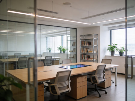 Interior of a modern office with glass walls and floor. Nobody inside
