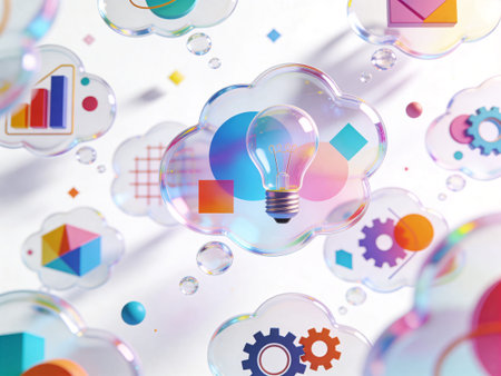 Lightbulb and colorful bubbles on white background. 3D rendering