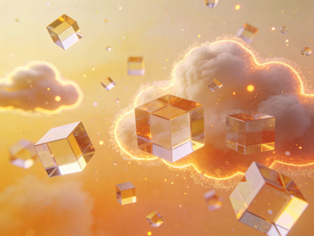 Clouds and cubes flying in the sky. 3D illustration.