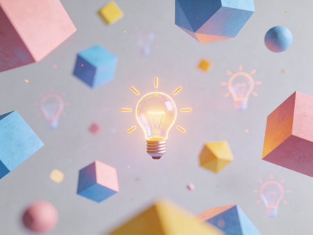 Colorful geometric shapes and light bulb on gray background. 3D rendering