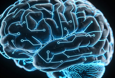 3d illustration of human brain with circuit board on dark background.