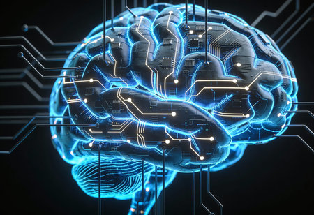 Digital illustration of human brain with circuit board in background. 3D rendering