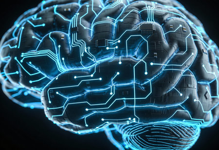 3d rendering of human brain with circuit board on dark background. Technology concept