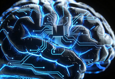 3d rendering of human brain with glowing digital circuit board. Technology concept