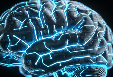 3D rendering of a human brain with glowing digital circuits in the background