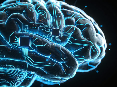 3D rendering human brain with circuit board on dark background. Artificial intelligence concept