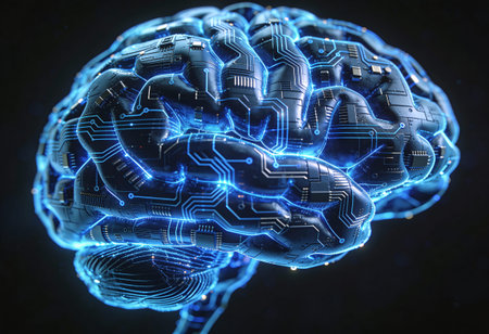 Human brain with circuit board on dark background. 3D Rendering