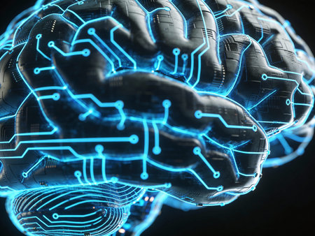 3d rendering of human brain with circuit board and connections. Technology concept