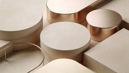 3d render of abstract geometric forms. Glossy golden podiums with round pedestals.