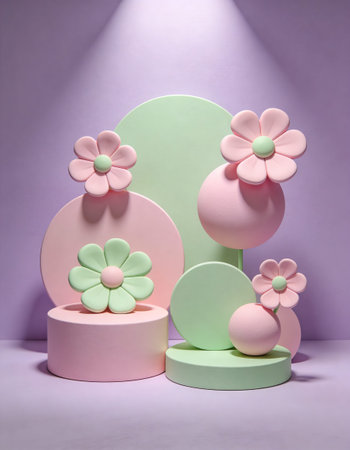 3d render, abstract composition with pastel colored geometric shapes, podiums for product...