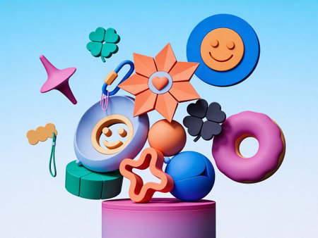3d illustration of colorful toys on a podium in the shape of a flower