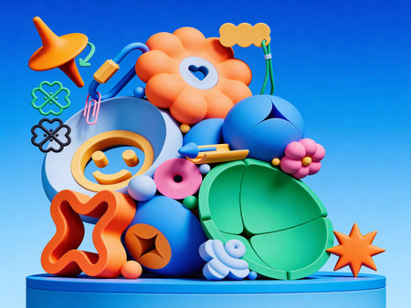 3d render of children's toys on blue background. Back to school concept