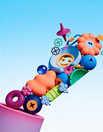 3d illustration of abstract childrens toys on a blue background.