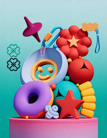 3d illustration of abstract composition with funny face, donut and other objects