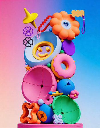 3d Illustration of a Colorful Party Decoration on a Rainbow Backgroundの写真素材