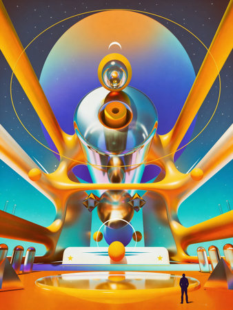 Space ship in outer space. Futuristic spaceship. 3D rendering