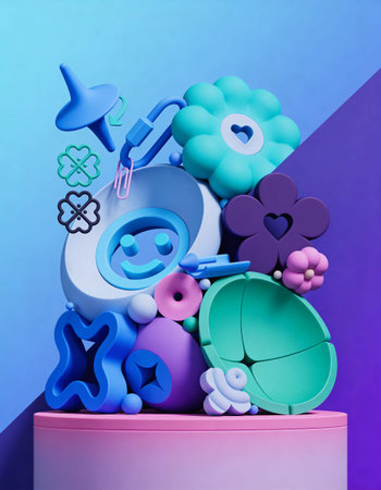 3d illustration of abstract geometric composition made of different shapes and objects