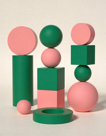 3d render, abstract geometric forms, podiums, pastel colors