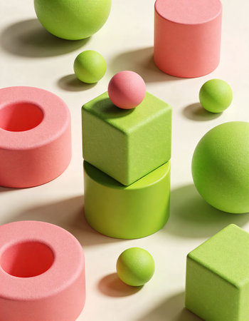 Colorful cubes and balls on light background, closeup view