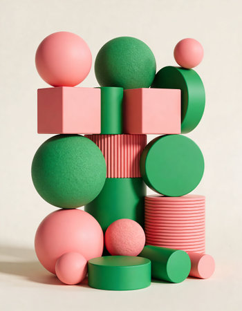 3d render of geometric shapes made of pink, green and orange ballsの写真素材