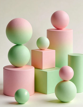 Pyramid of pink and green pastel geometric shapes on white background