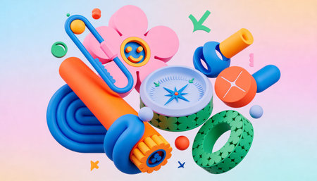 3d illustration of abstract background with colorful geometric shapes and objects.の写真素材