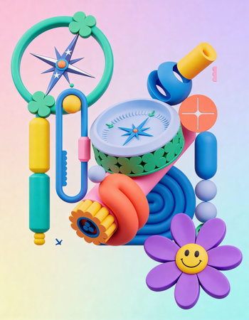 Compass, rope, water gun and flower on a colorful background