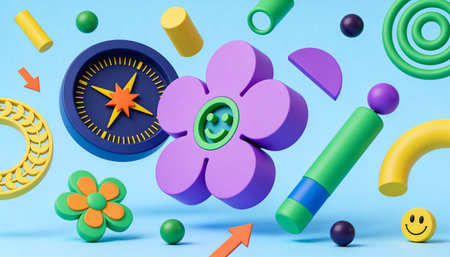 3d illustration of colorful geometric shapes on blue background. Geometric shapes and figures.