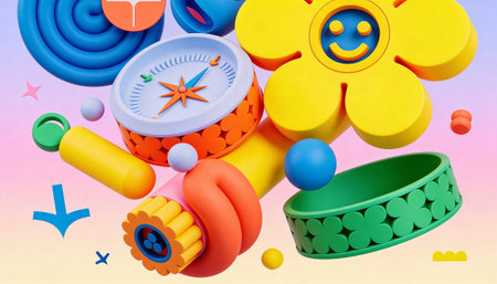 3d illustration of colorful childrens toys on a colorful background.の写真素材