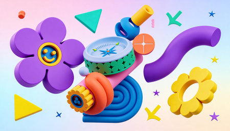 3d illustration of colorful geometric shapes in the shape of a flowerの写真素材