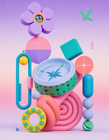 3d illustration of a compass on a colorful background with a flower