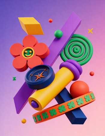 3d illustration of geometric shapes with compass and flower on color background